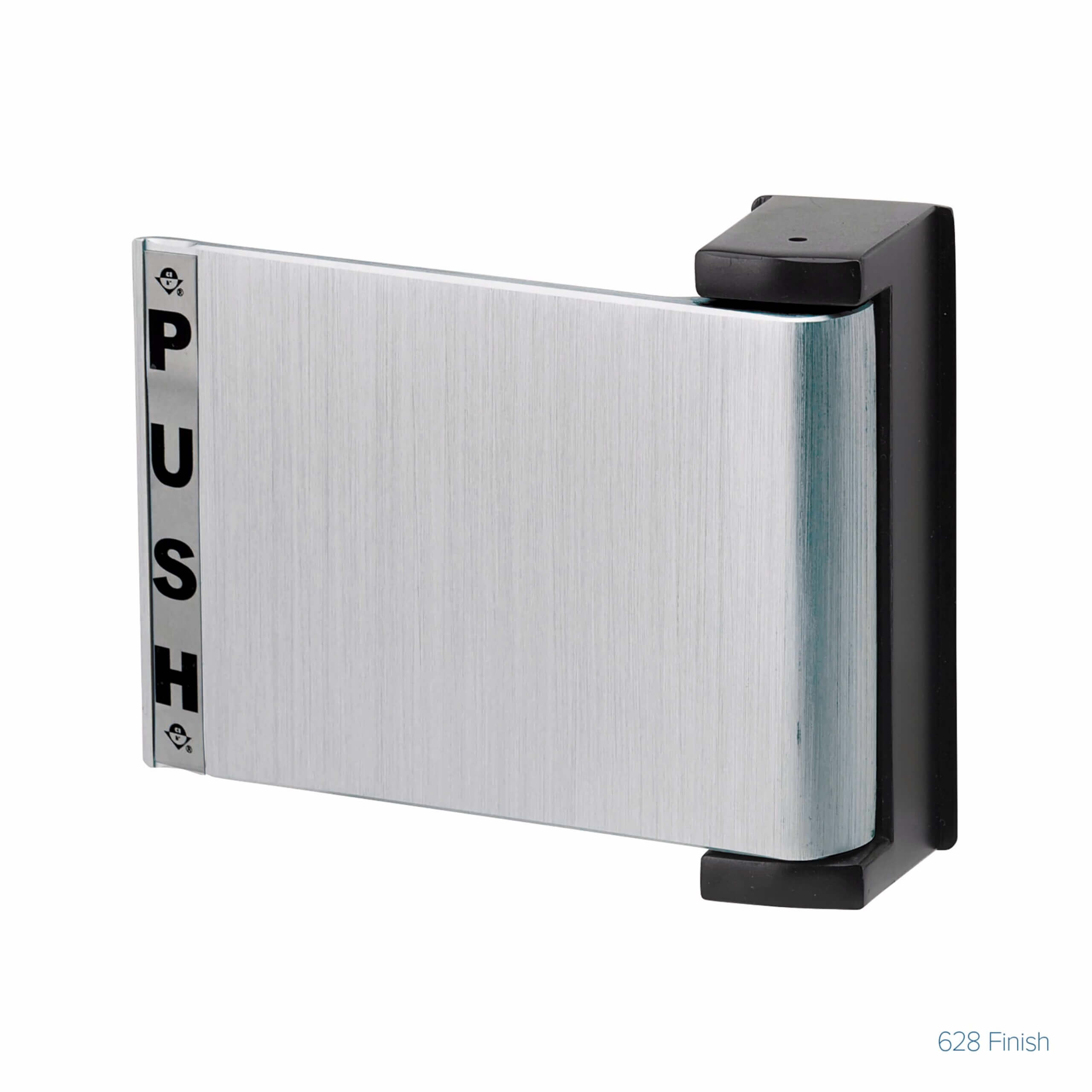 Silver door push plate with black end caps.