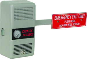 Emergency exit device with alarm warning sign.