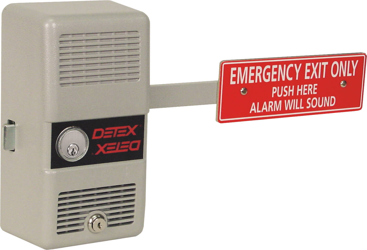 Emergency exit device with alarm warning sign.