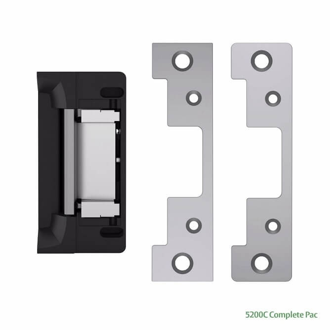 Black door strike with two metal plates displayed.