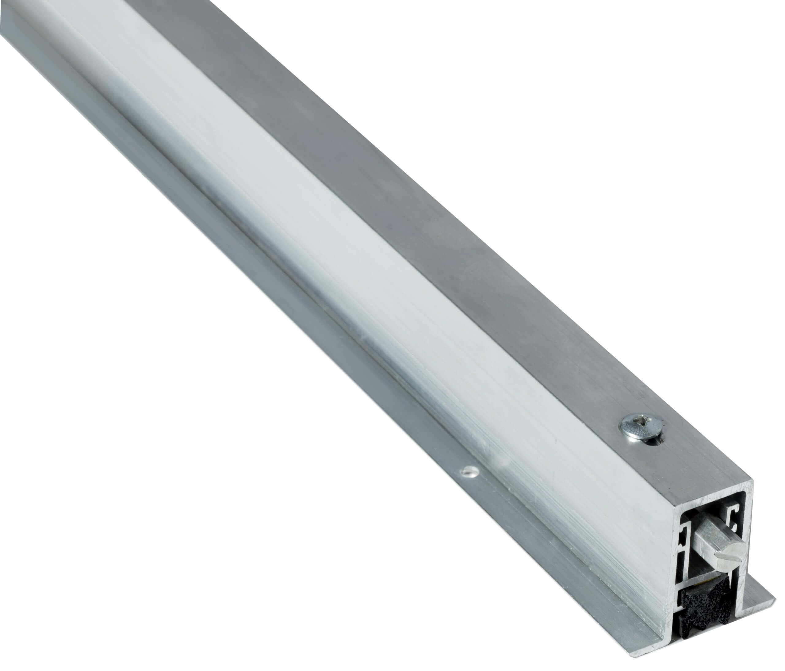 Aluminum door hardware bar with fastener screw visible.