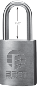 Metal padlock with a rounded shackle and the Best Access Systems globe logo engraved on the body, no key shown.