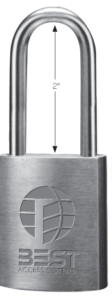 Silver U-shaped padlock with a 2-inch shackle height; engraved BEST Access Systems logo on the body.