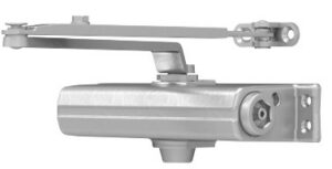 Surface-mounted door closer with rectangular metal body and a long pivoting arm