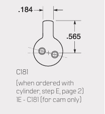 Technical drawing of a C181 cam component with a teardrop head, two mounting holes, and dimension arrows: 0.184 in and 0.565 in.
