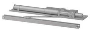 Industrial linear actuator with mounting brackets and a matching guide rail on a metal base plate stabilizer.