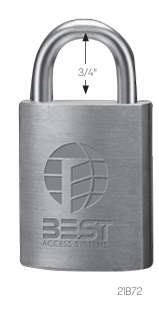 Silver padlock with curved shackle, embossed globe and BEST Access Systems logo on the body; a 3/4 inch measurement shown above the shackle.