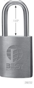 Padlock with a U-shaped shackle; front shows embossed globe logo and the text 'BEST ACCESSORIES' on the body, and a '1-1/2"' height label nearby.