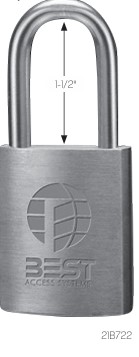 Padlock with a U-shaped shackle; front shows embossed globe logo and the text 'BEST ACCESSORIES' on the body, and a '1-1/2"' height label nearby.