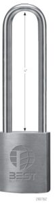 Chrome padlock with raised U-shaped shackle and a 4-inch height indicator inside the body.