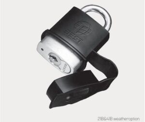 Silver and black padlock with a flexible black strap attached, used to secure luggage or belongings.