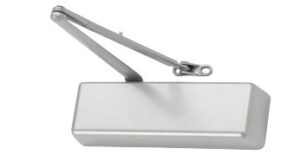 Metal door closer: a rectangular silver housing with a long, adjustable metal arm extending from it, used to auto-close a door.