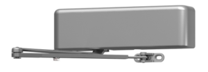 Electric gate actuator with rectangular housing and long mounting arm.