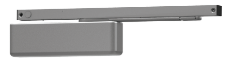 Overhead door closer mounted to a door with a metal arm extending along the frame.