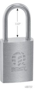 Metal padlock with closed U-shaped shackle and an embossed globe logo on the body, indicating a secured lock