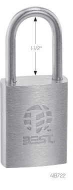 Metal padlock with closed U-shaped shackle and an embossed globe logo on the body, indicating a secured lock
