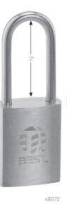 Metal U-shaped padlock with a 2-inch shackle, silver finish, body shows a logo and text.