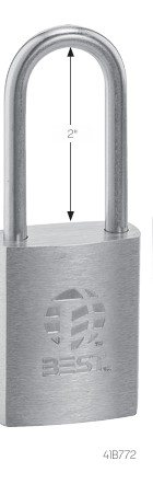 Metal U-shaped padlock with a 2-inch shackle, silver finish, body shows a logo and text.