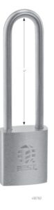 Front view of a metal padlock with a U-shaped shackle; dimension line shows 4 inches.