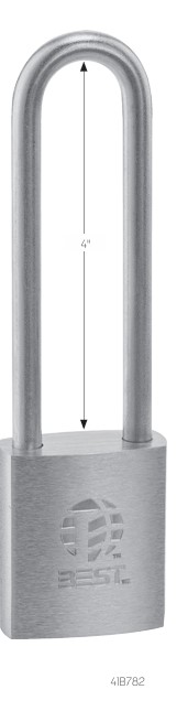 Front view of a metal padlock with a U-shaped shackle; dimension line shows 4 inches.
