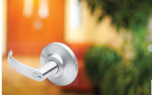 Silver door lever with a curved handle on a round backplate, set against a warm, blurred interior background.
