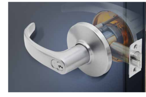 Close-up of a modern stainless steel lever handle with a keyed lock on a blue door.