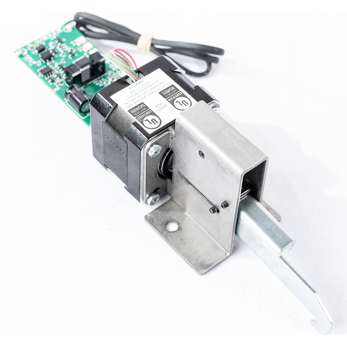 Electronic lock mechanism with circuit board attached.
