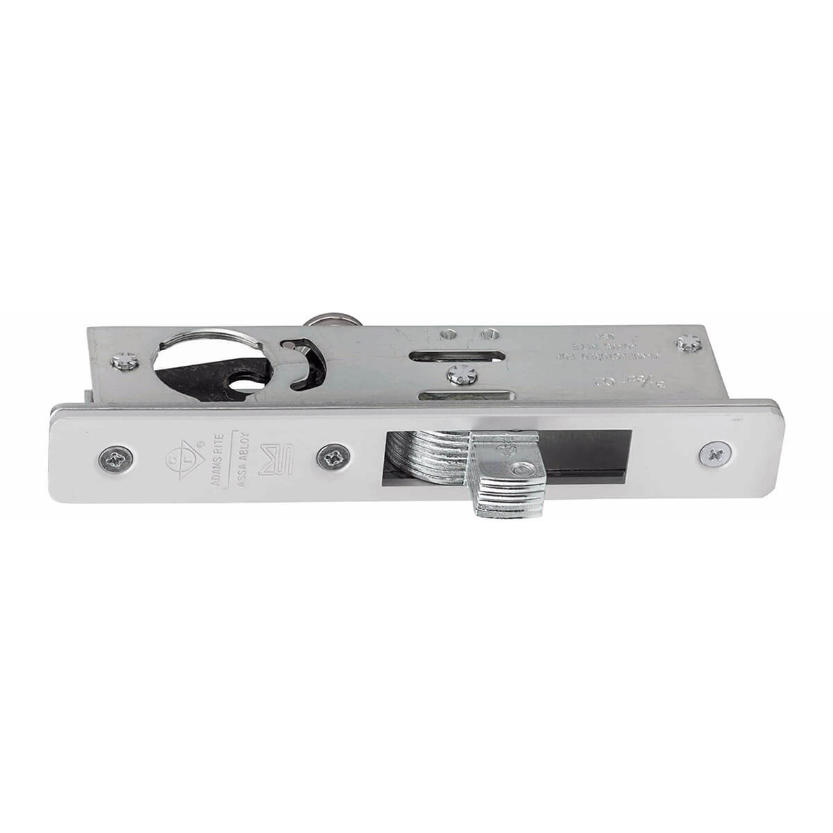 Silver door bolt lock on white background.