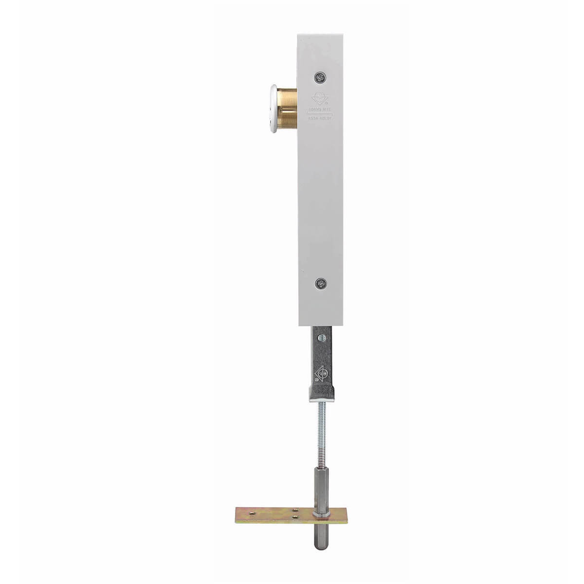 Metal door bolt with extended locking mechanism.