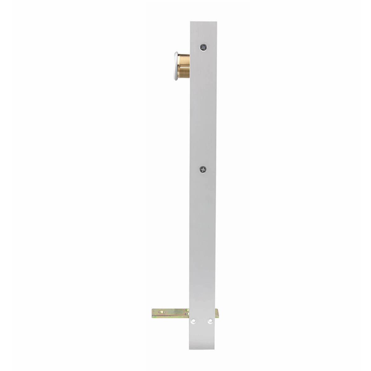 Vertical metal door bracket with bolt extended.
