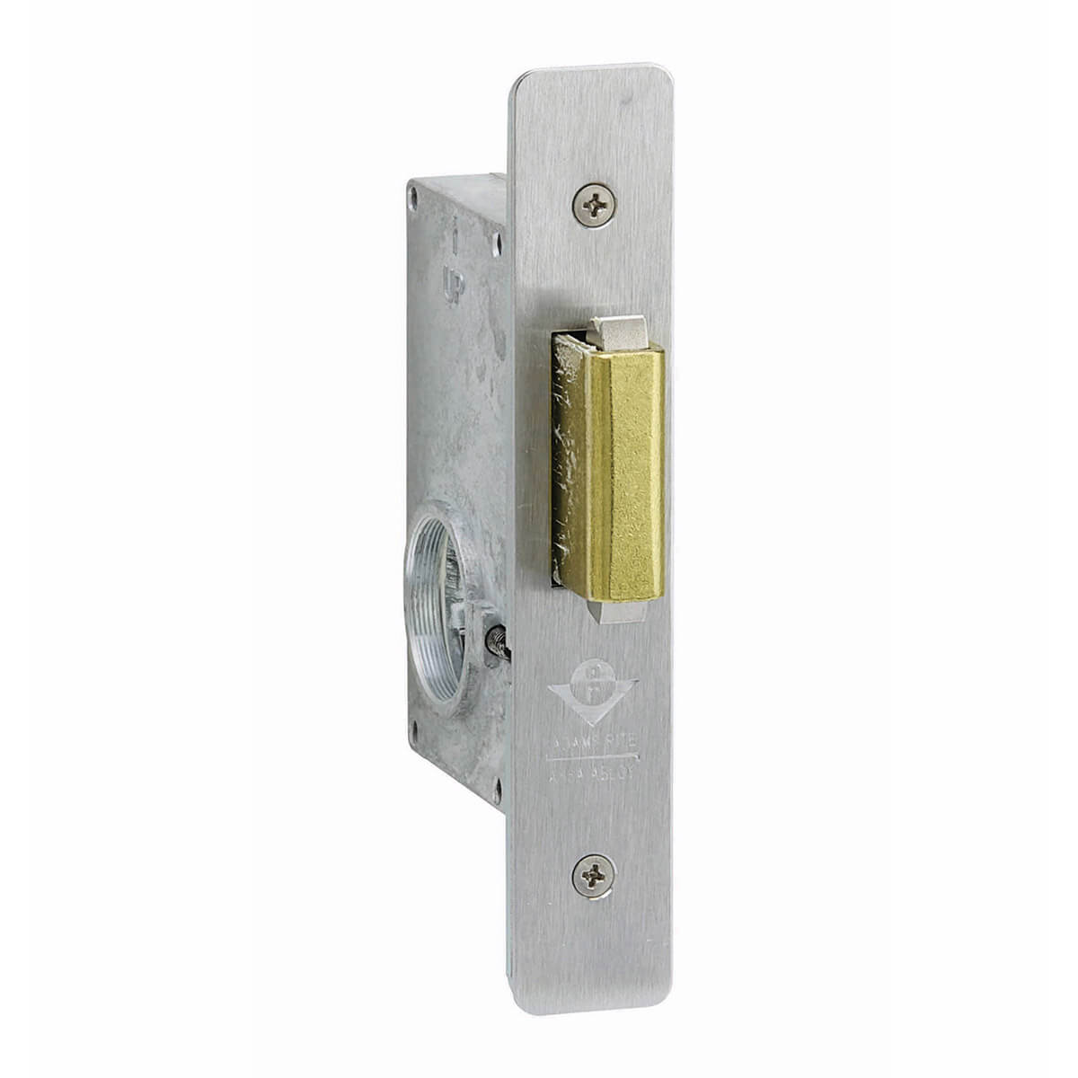 Metallic door latch with brass locking mechanism.