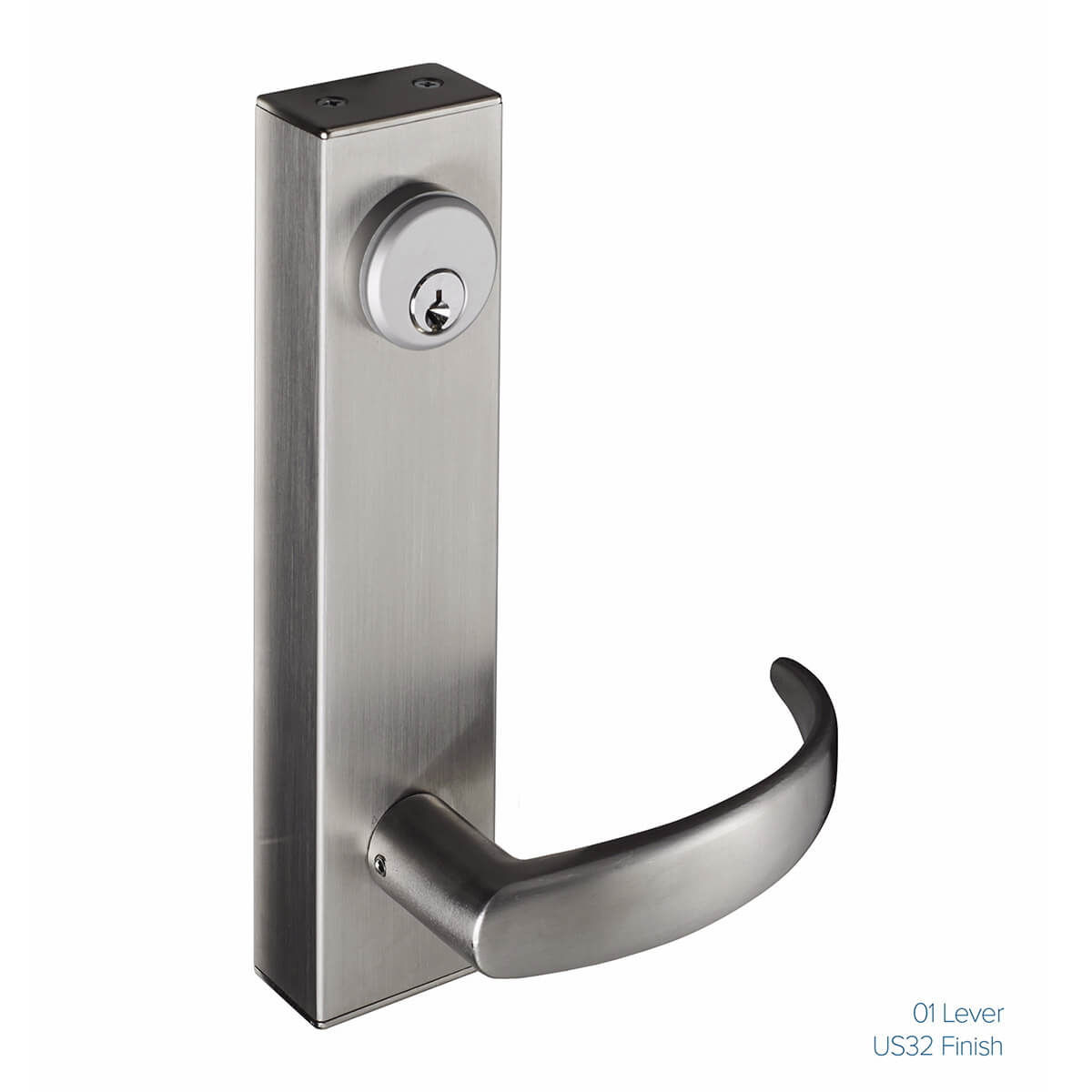 Stainless steel door handle with lock cylinder.