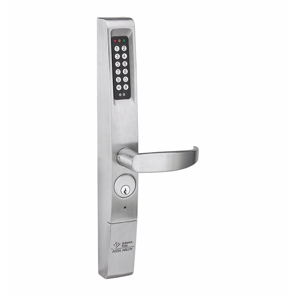 Metallic door handle with keypad and keyhole.