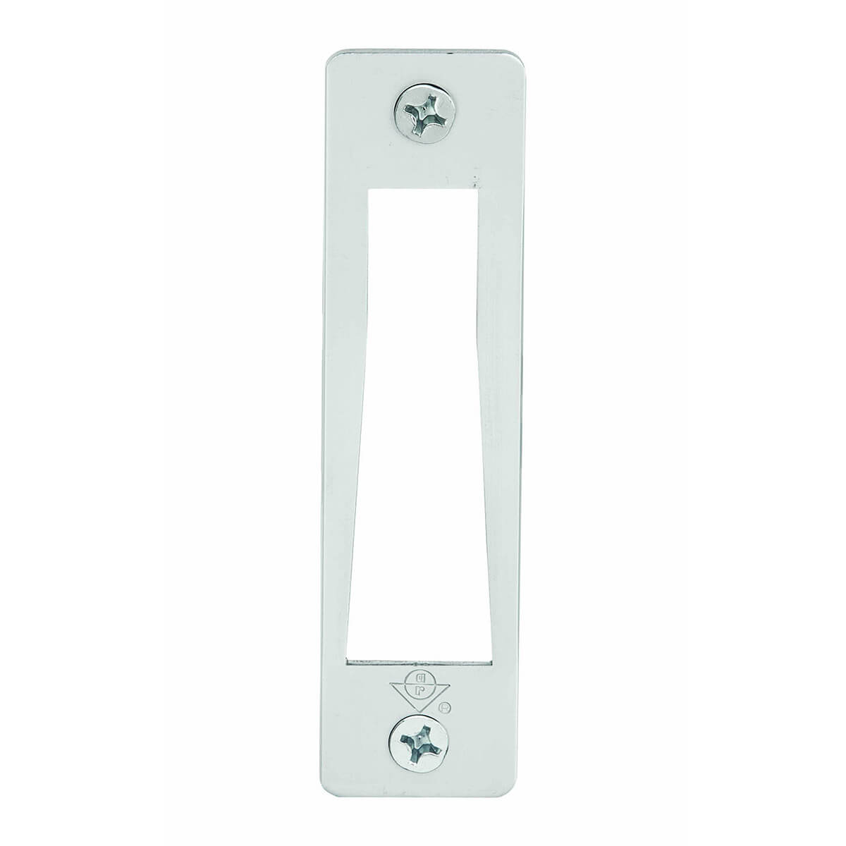 Metal door hardware with screws, rectangular design.