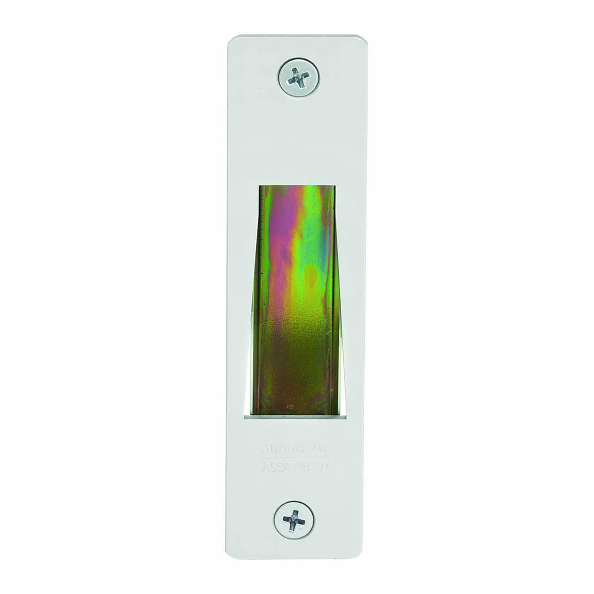 Metal door strike with rainbow finish, secured by screws.
