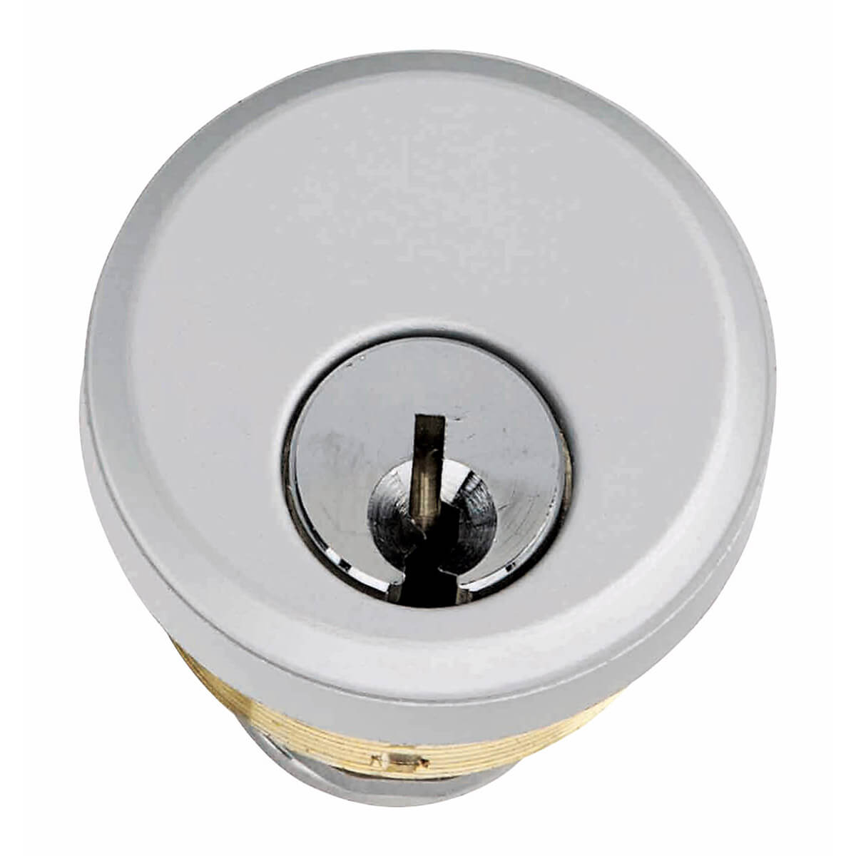 Silver cylindrical lock facing forward.