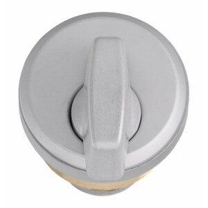 Silver door lock with vertical handle.