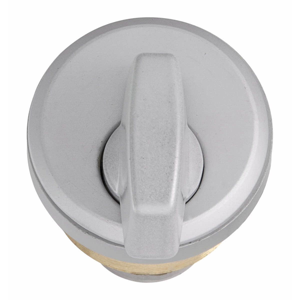 Silver door lock with vertical handle.