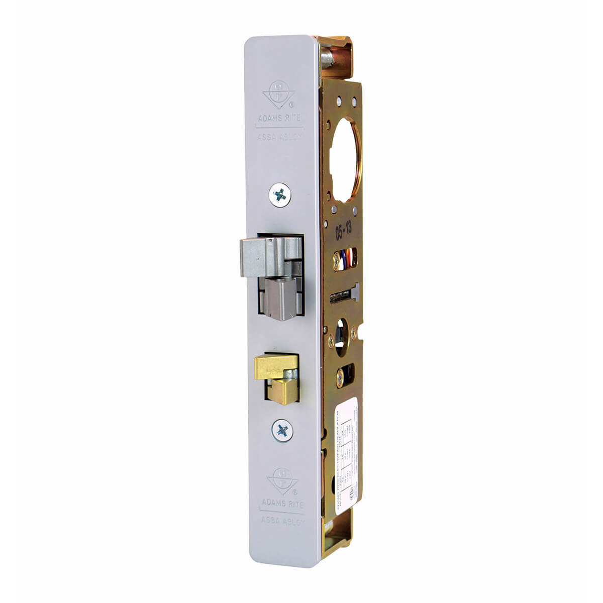 Metal door lock mechanism with exposed internal parts.