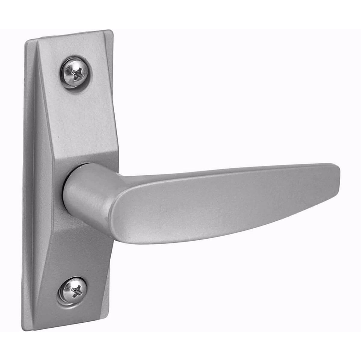 Silver door handle mounted on a rectangular plate.