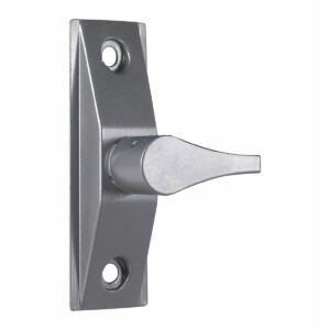 Silver door latch mounted on rectangular plate.