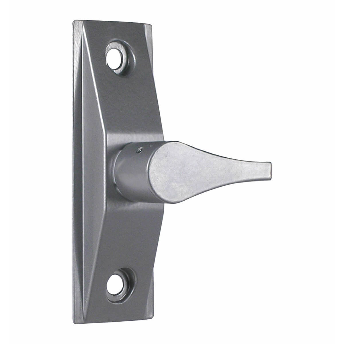 Silver door latch mounted on rectangular plate.