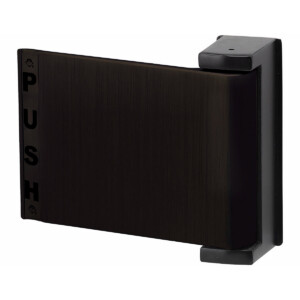 Dark push door handle, angled view.