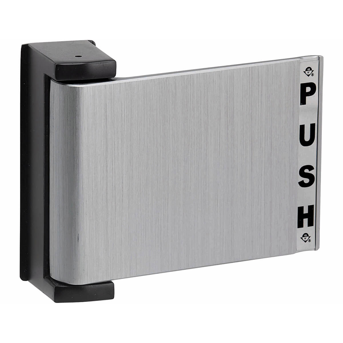 Stainless steel push plate on a door.