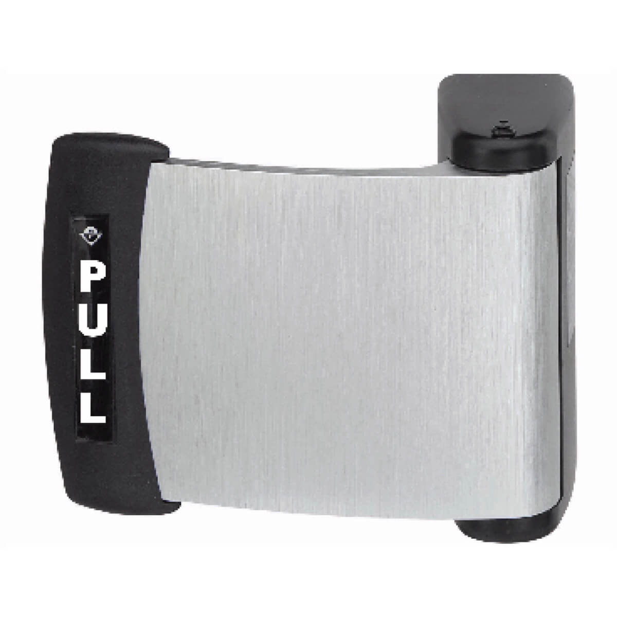 Stainless steel door pull handle with "PULL" label.