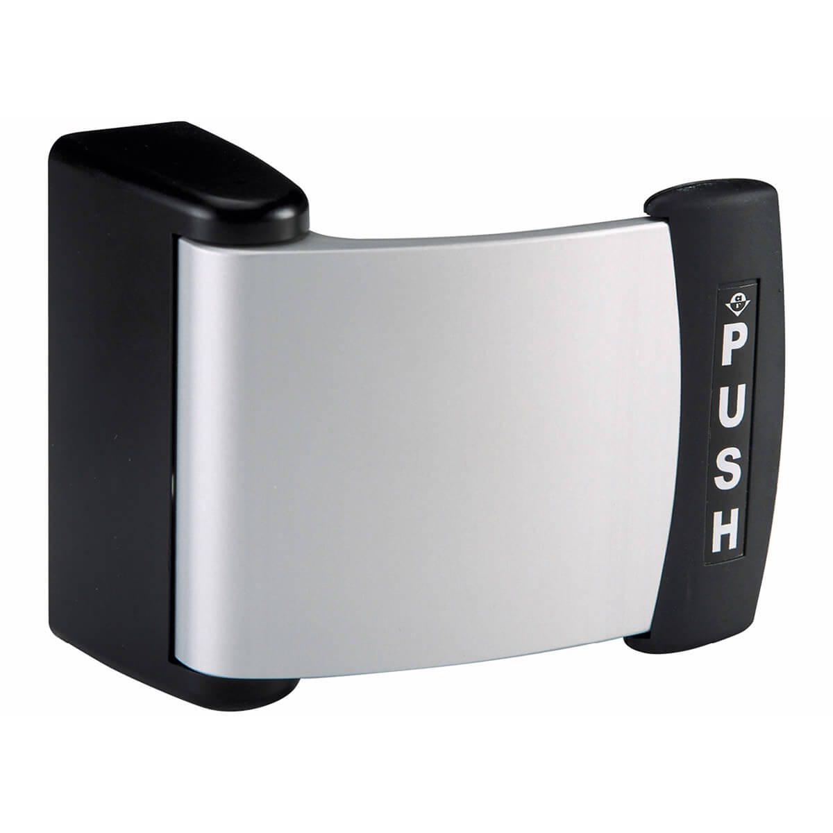Silver push plate on a door handle.