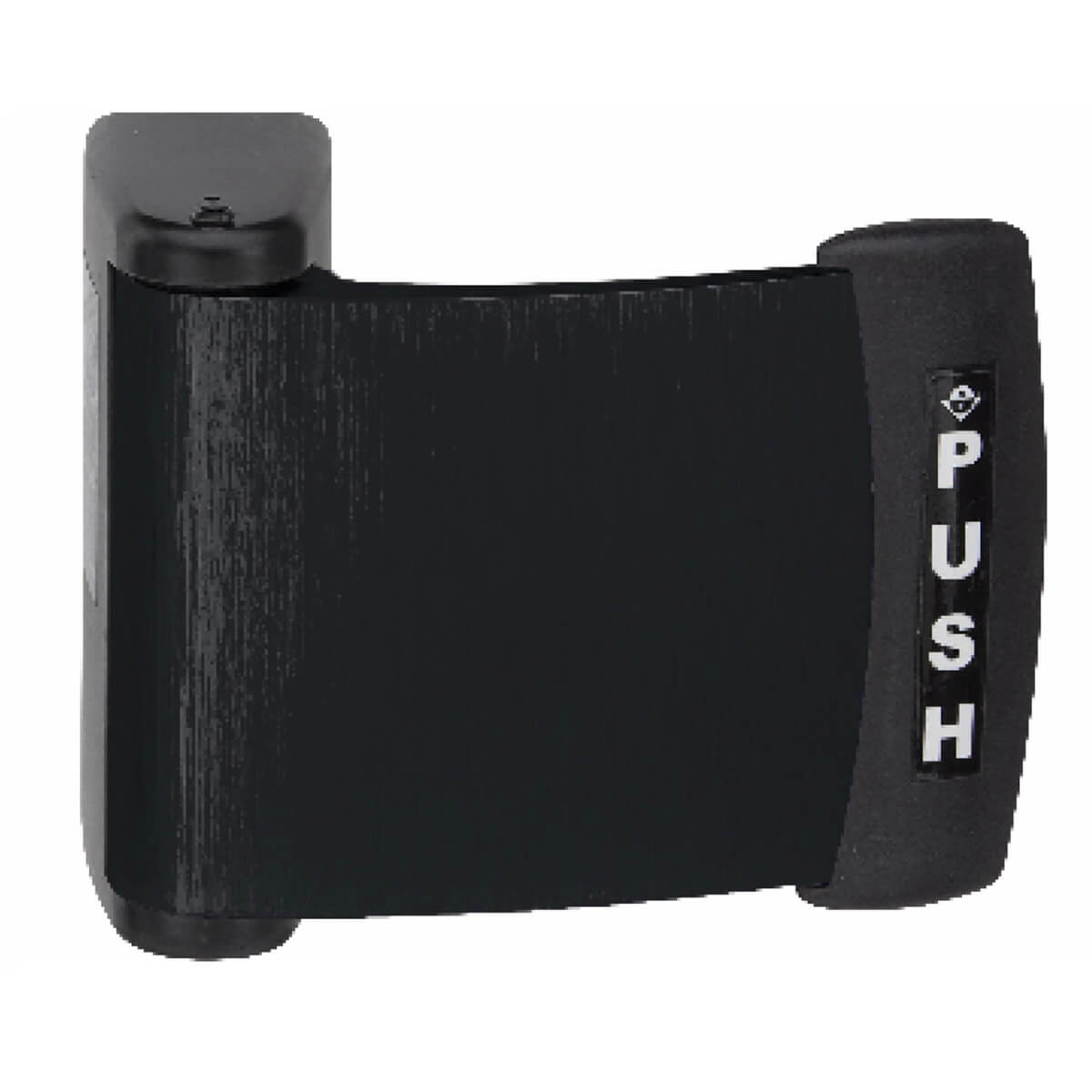 Black push door handle with security label.