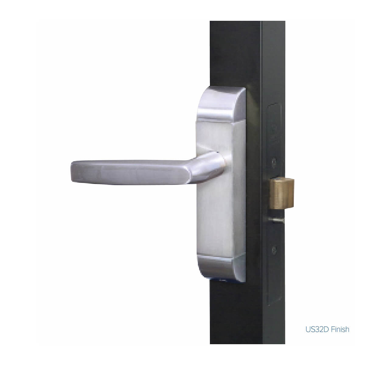 Metal door handle with a sleek, modern design.
