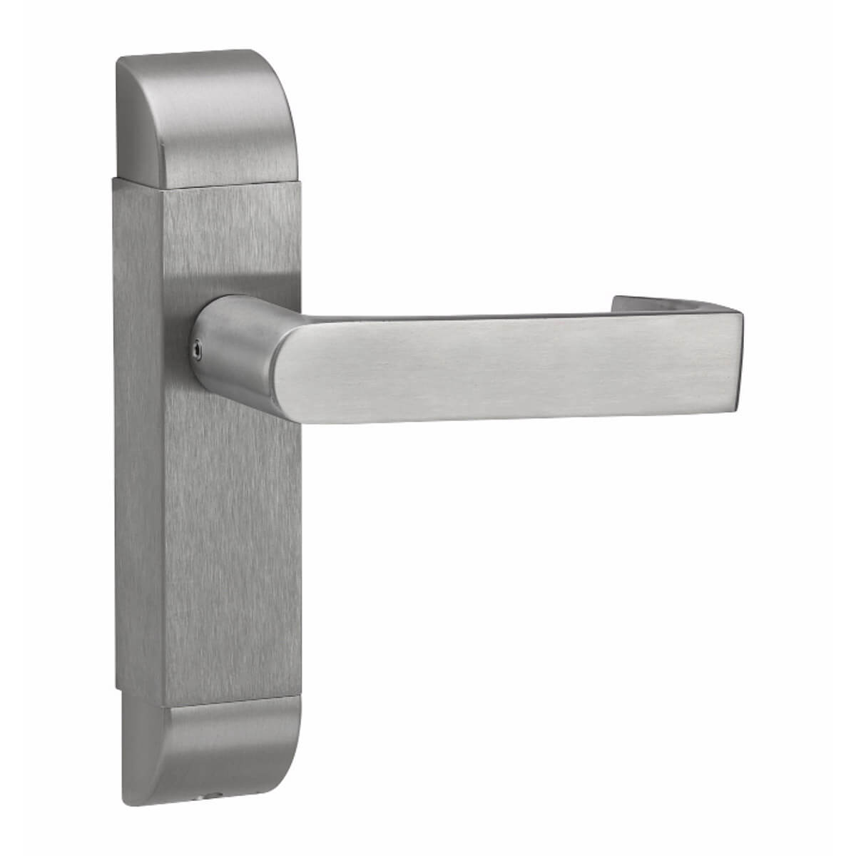 Modern silver door handle on white background.