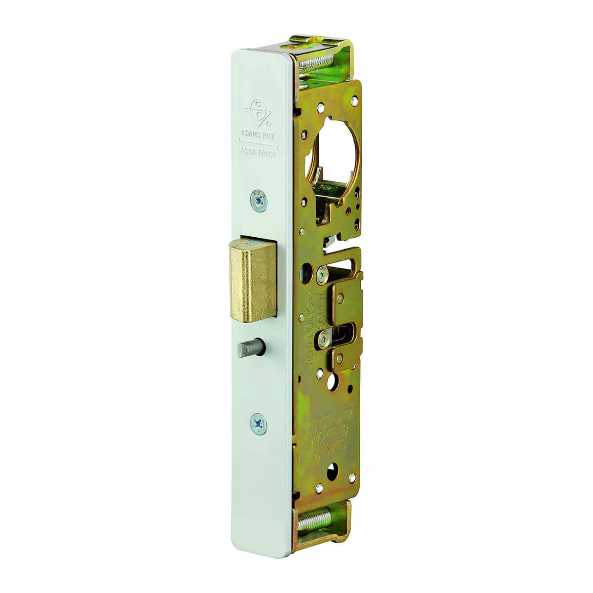 Door lock mechanism with brass bolt facing left.